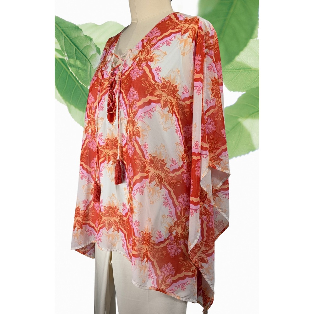 JM Collection 3X Women's Plus Size CHIFFON Lace Up Tassel V Neck Tunic Top